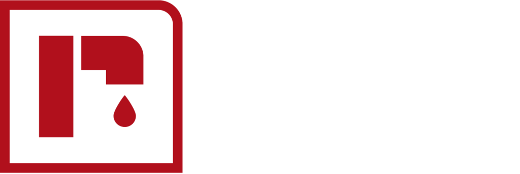 Riser Plumbing and Water logo with a red water faucet and drop icon, and white text 'Riser plumbing + water'