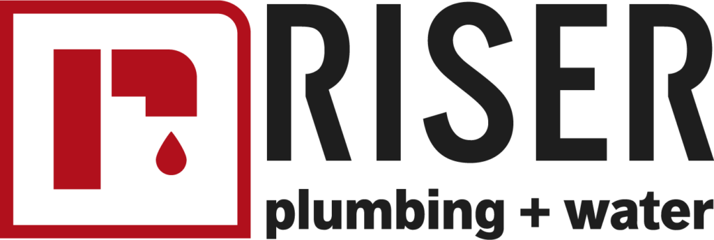 Riser Plumbing and Water logo with a red icon of a water faucet and drop, and the text 'Riser plumbing + water'