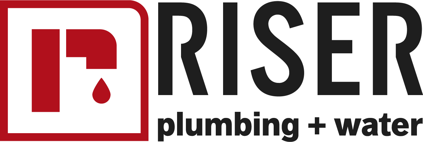 Riser Plumbing and Water logo with a red icon of a water faucet and drop, and the text 'Riser plumbing + water'